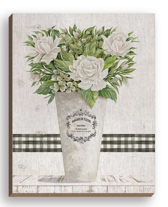 Cindy Jacobs CIN3284FW - CIN3284FW - White Roses - 16x20 Still Life, Flowers, Roses, White Roses, Greenery, Pail, Black & White Plaid, Fleurs, French, Signs from Penny Lane