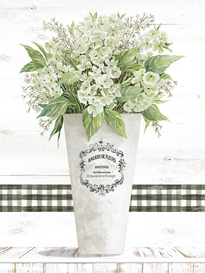 Cindy Jacobs CIN3285 - CIN3285 - White Hydrangea - 12x16 White Hydrangeas, Hydrangeas, Flowers, Pail, Plaid, Greenery, Still Life, Neutral Palette from Penny Lane