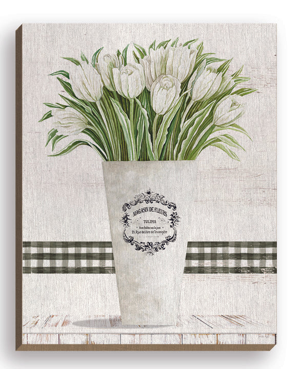 Cindy Jacobs CIN3287FW - CIN3287FW - White Tulips - 16x20 Still Life, Flowers, Tulips, White Tulips, Greenery, Pail, Black & White Plaid, Fleurs, French, Signs from Penny Lane