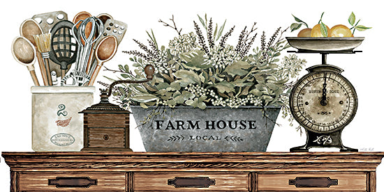Cindy Jacobs CIN3430 - CIN3430 - Farm House Kitchen - 18x9 Farmhouse Kitchen, Kitchen, Farmhouse, Still Life, Kitchen Utensils, Scale, Galvanized Pail, Glowers, Greenery, Vintage from Penny Lane