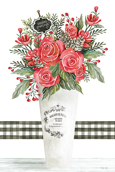 Cindy Jacobs CIN3452 - CIN3452 - Season's Greetings Roses - 12x18 Christmas, Holidays, Roses, Christmas Flowers, Red Flowers, French, White Pail, Season's Greetings, Plaid, Greenery, Winter, Country French from Penny Lane