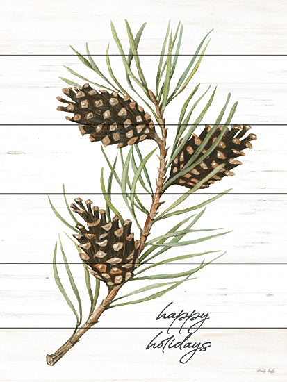 Cindy Jacobs CIN3468 - CIN3468 - Happy Holidays Pine Cones - 12x16 Christmas, Holidays, Pine Cones, Pine Sprig, Nature, Typography, Signs, Winter from Penny Lane