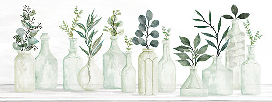 Cindy Jacobs CIN3490A - CIN3490A - Just Leafy     - 36x12 Still Life, Bottles, Greenery, Leaves, Eucalyptus, Neutral Palette, French Country from Penny Lane