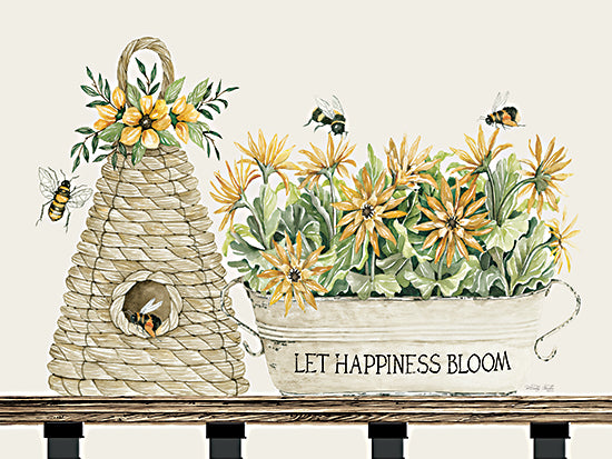 Cindy Jacobs CIN3496 - CIN3496 - Let Happiness Bloom Bee Hive - 16x12 Let Happiness Bloom, Bees, Bee Skep, Bee Hive, Flowers, Galvanized Pail, Still Life from Penny Lane