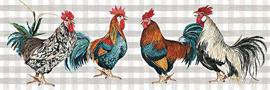Cindy Jacobs CIN3656 - CIN3656 - Flock of Roosters - 18x6 Still Life, Roosters, Farm, Farm Animals, Kitchen, Farmhouse/Country, Gray & White Plaid from Penny Lane