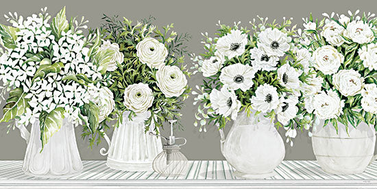 Cindy Jacobs CIN3675 - CIN3675 - White Blooms in a Row   - 18x9 Still Life, Flowers, Pitchers, White Flowers, Bouquets, Blooms, French Country, Neutral Palette, Spring Flowers, Spring from Penny Lane