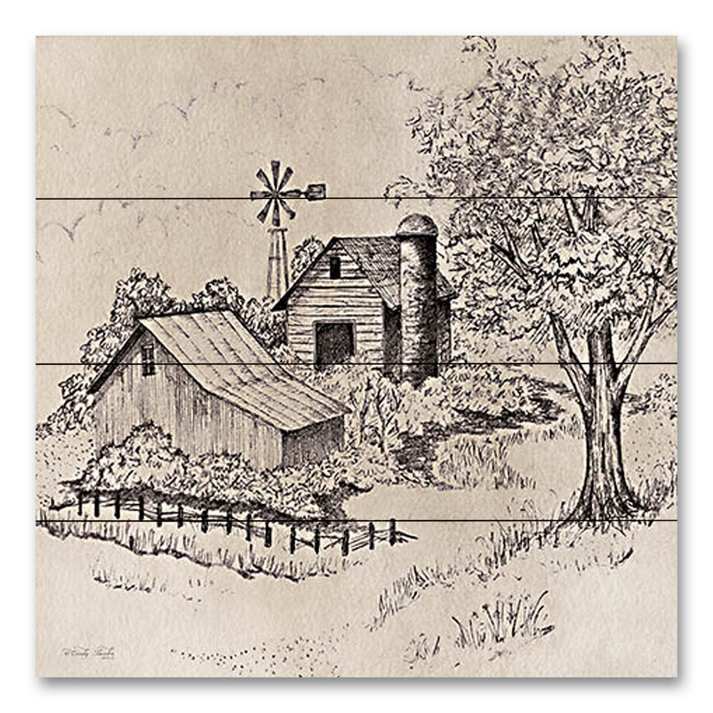 Cindy Jacobs CIN3762PAL - CIN3762PAL - Yesteryear on the Farm - 12x12 Farm, Barn, House, Sketch, Landscape, Drawing Print, Yesteryear, Vintage, Farmhouse/Country from Penny Lane