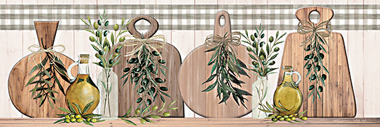 Cindy Jacobs CIN3773 - CIN3773 - Olives and Olive Oil - 18x6 Kitchen, Still Life, Cutting Boards, Olive Oil, Olives, Glass Jars, Plaid, French Country from Penny Lane