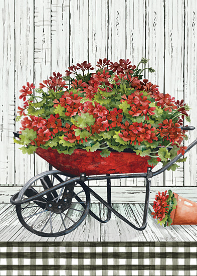 Cindy Jacobs CIN3829 - CIN3829 - Welcome Geranium Wheelbarrow - 12x18 Flowers, Geraniums, Red Geraniums, Wheelbarrow, Garden, Summer, Black and White Plaid from Penny Lane