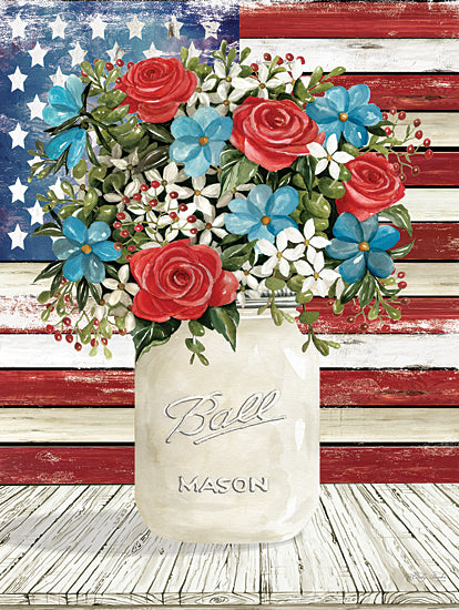 Cindy Jacobs CIN3835 - CIN3835 - Patriotic Blooms - 12x16 Patriotic, Still Life, Flowers, Red, White & Blue Flowers, American Flag, Canning Jar, Farmhouse/Country, July 4th, Independence Day, Summer from Penny Lane