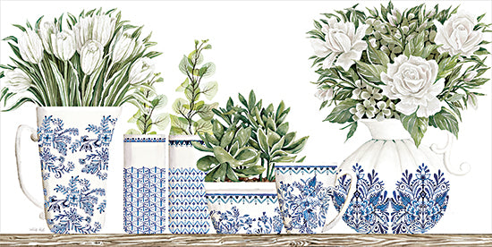 Cindy Jacobs CIN3842 - CIN3842 - Chinoiserie Shelf II - 18x9 Still Life, Chinoiserie, Blue & White Pottery, Kitchen, Pitchers, Vases, Bowls, Coffee Cup, Flowers, White Flowers, Succulents, Tulips, Roses, Greenery, Shelf, French Country, Spring from Penny Lane
