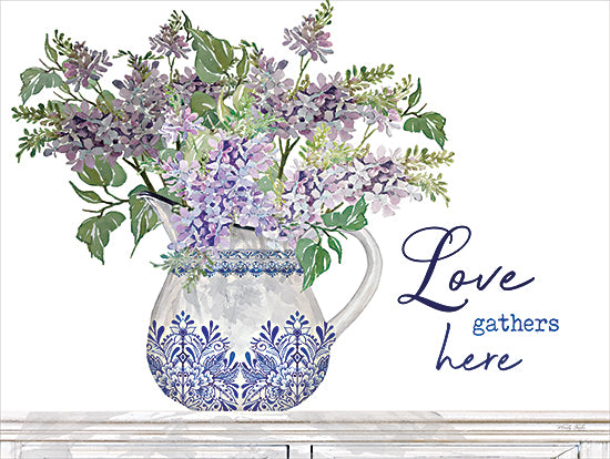 Cindy Jacobs CIN3908 - CIN3908 - Love Gathers Here - 16x12 Inspirational, Love Gather Here, Typography, Signs, Textual Art, Lavender, Pitcher, Blue and White Pottery, Herbs, Greenery, Bouquet, Spring from Penny Lane