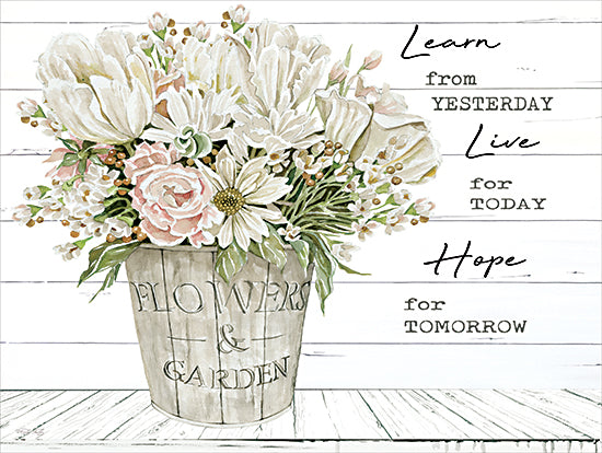 Cindy Jacobs CIN3909 - CIN3909 - Learn From Yesterday - 16x12 Still Life, Flowers, White Flowers, Bucket, Inspirational, Learn From Yesterday Live for Today Hope for Tomorrow, Typography, Signs, Textual Art, Neutral Palette, French Country, Wood Pallets from Penny Lane
