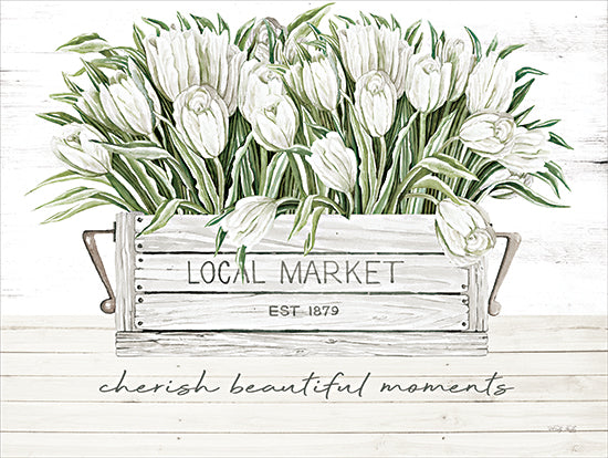 Cindy Jacobs CIN3911 - CIN3911 - Cherish Beautiful Moments - 16x12 Still Life, Flowers, White Flowers, Tulips, Wood Box, Local Market, Cherish Beautiful Moments, Typography, Signs, Textual Art, Spring, Spring Flowers from Penny Lane