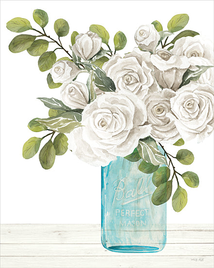 Cindy Jacobs CIN3914 - CIN3914 - Charming Petals - 12x16 Still Life, Flowers, Roses, White Roses, Greenery, Canning Jar, Ball Canning Jar, Blue Canning Jar, Farmhouse/Country, Spring from Penny Lane