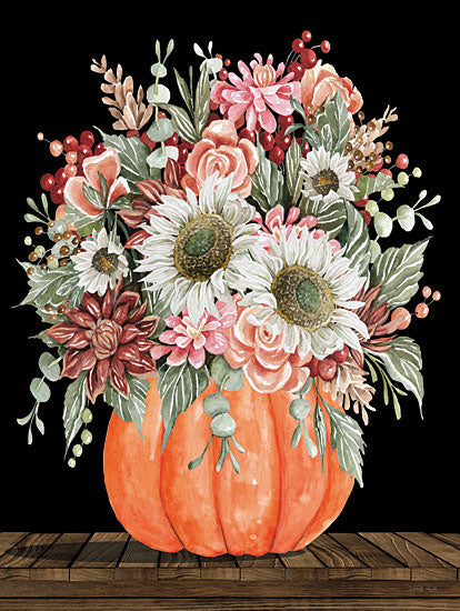 Cindy Jacobs CIN3963 - CIN3963 - Fall Floral with Pumpkin - 12x16 Still Life, Pumpkin, Flowers, Fall Flowers,  White Sunflowers, Mums, Black Background, Greenery, Fall from Penny Lane