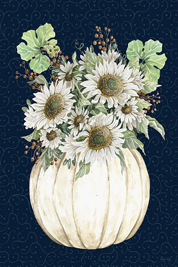 Cindy Jacobs CIN3967 - CIN3967 - Sunflowers on Navy - 12x18 Still Life, Pumpkin, Flowers, Fall Flowers,  White Pumpkin, Berries, Sunflowers, Greenery, Fall, Navy Blue Background from Penny Lane