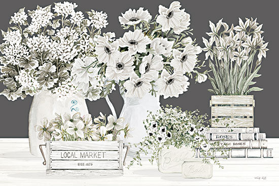 Cindy Jacobs CIN4020 - CIN4020 - Cindy's Collectibles I - 18x12 Still Life, Flowers, White Flowers, Pitchers, Crates, Books, Cottage/Country, Neutral Palette, White, Dark Background from Penny Lane