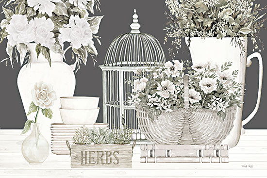 Cindy Jacobs CIN4021 - CIN4021 - Cindy's Collectibles II - 18x12 Still Life, Flowers, White Flowers, Pitchers, Birdcage, Basket, Herbs, Cottage/Country, Neutral Palette, White, Dark Background from Penny Lane