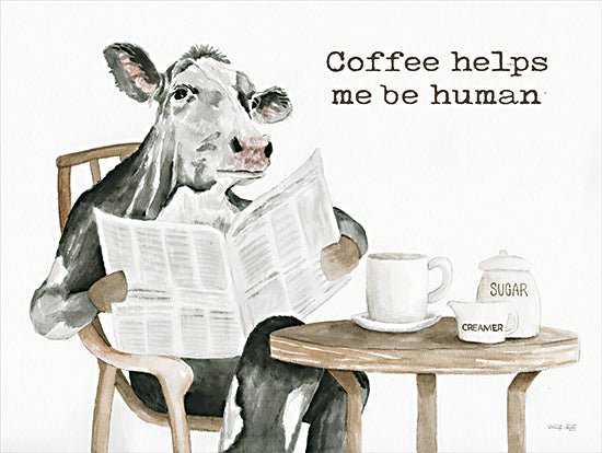 Cindy Jacobs CIN4051 - CIN4051 - Coffee Helps Me Be Human - 16x12 Whimsical, Kitchen, Cow, Coffee Helps Me Human, Typography, Signs, Textual Art, Coffee Cup, Table, Chair, Newspaper from Penny Lane