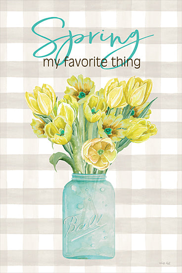 Cindy Jacobs CIN4123 - CIN4123 - Spring - My Favorite Thing - 12x18 Spring, Spring Flowers, Flowers, Yellow Flowers, Ball Canning Jar, Blue Jar, Plaid Background, Spring - My Favorite Thing, Typography, Signs, Textual Art, Cottage/Country from Penny Lane