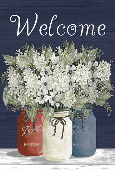 Cindy Jacobs CIN4137 - CIN4137 - Welcome Red, White & Blue Jar Trio - 12x18 Patriotic, Flowers, White Flowers, Bouquets, Canning Jars, Ball Canning Jars, Red, White & Blue Canning Jars,  Farmhouse/Country, Welcome, Typography, Signs, Textual Art, Independence Day from Penny Lane