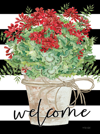 Cindy Jacobs CIN4175 - CIN4175 - Welcome Spring Geraniums - 12x16 Flowers, Geraniums, Potted Geraniums, Spring, Spring Flowers, Welcome, Typography, Signs, Textual Art, Black & White Stripes from Penny Lane