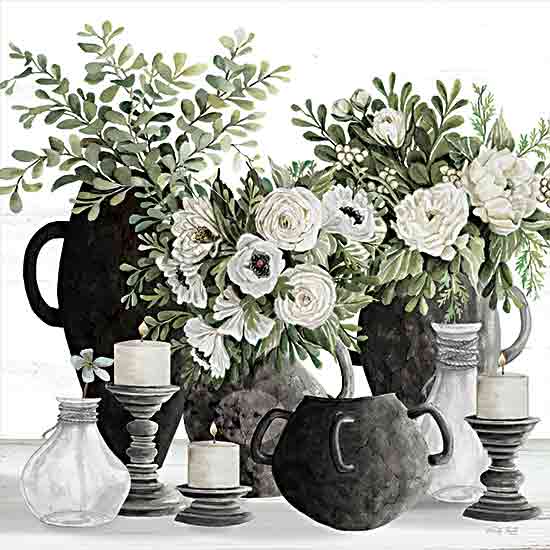 Cindy Jacobs CIN4202 - CIN4202 - Light of Peace I - 12x12 Still Life, Flowers, White Flowers, Greenery, Candles, White Candles, Candlesticks, Black Candlesticks, Vases, Black Vases, Glass Vases,  Modern from Penny Lane