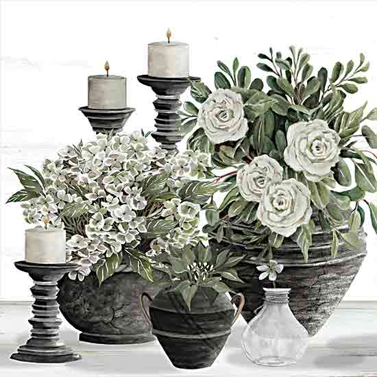 Cindy Jacobs CIN4203 - CIN4203 - Light of Peace II - 12x12 Still Life, Flowers, White Flowers, Greenery, Candles, White Candles, Candlesticks, Black Candlesticks, Vases, Black Vases, Glass Vase,  Modern from Penny Lane