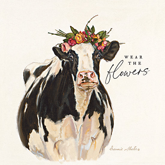 Bonnie Mohr COW360 - COW360 - Fancy Cow - 12x12 Wear the Flowers, Cows, Black & White Cow, Floral Crown, Motivational, Flowers, Whimsical, Typography, Signs from Penny Lane