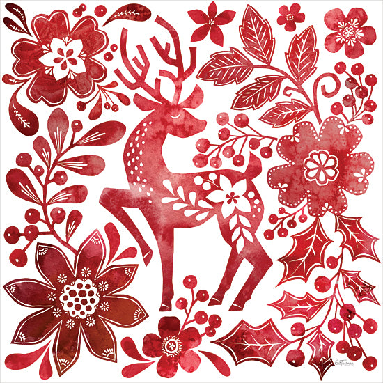 Cat Thurman Designs CTD102 - CTD102 - Folkloric Red Deer - 12x12 Christmas, Holidays, Deer, Flowers, Folk Art, Red & White, Greenery, Ivy, Berries, Nature from Penny Lane