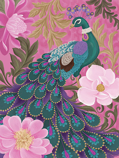 Cat Thurman Designs CTD215 - CTD215 - Pretty Peacock - 12x16 Tropical, Peacock, Flowers, Pink Flowers, Exotic, Pink, Gold, Teal from Penny Lane