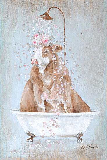 Debi Coules DC128 - DC128 - Showering Petals Cow  - 12x18 Bath, Bathroom, Shower, Whimsical, Cow, Flowers, Petals, Pink Flowers, Bathtub, Cottage/Country, Floral Crown from Penny Lane