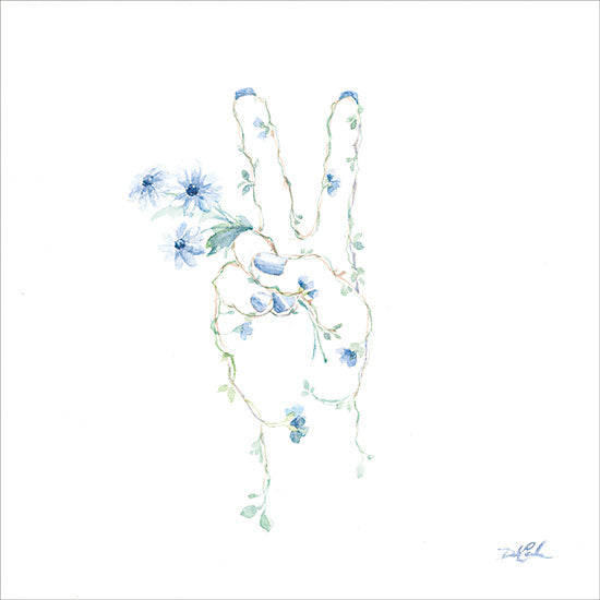 Debi Coules DC137 - DC137 - Peace Sign - 12x12 Inspirational, Peace Sign Two Fingers, Peace Symbol, Flowers, Greenery, Blue Flowers, Retro, 1970s from Penny Lane