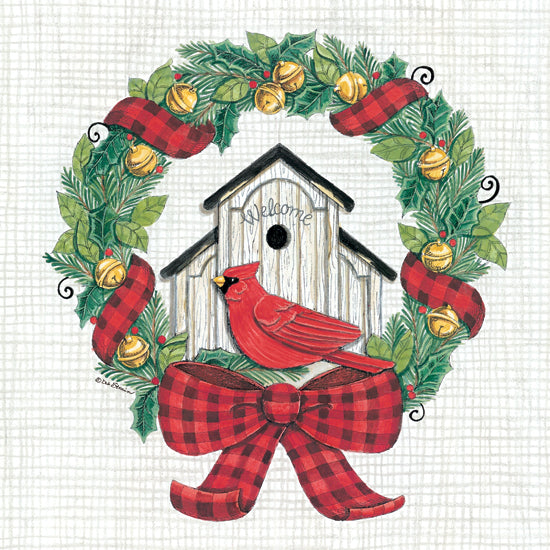 Deb Strain DS1823 - DS1823 - Cardinal Wreath - 12x12 Cardinal, Birdhouse, Wreath, Bells, Red Plaid, Bow, Holidays from Penny Lane