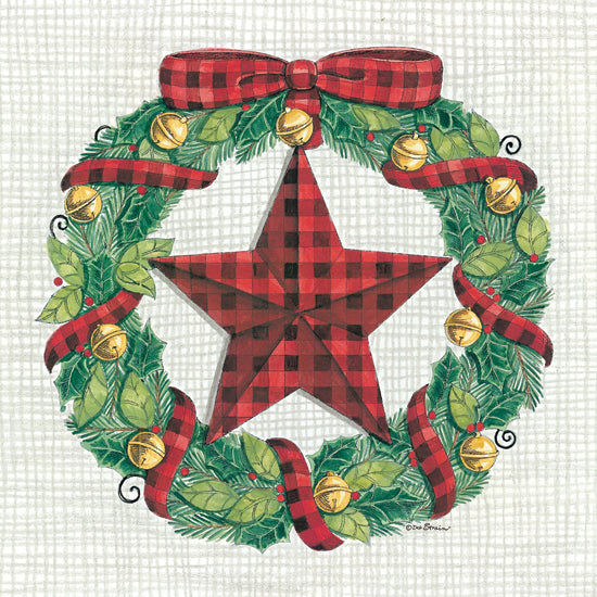 Deb Strain DS1824 - DS1824 - Barnstar Wreath - 12x12 Barn Star, Red and Black Plaid, Wreath, Bells, Bow, Holidays from Penny Lane
