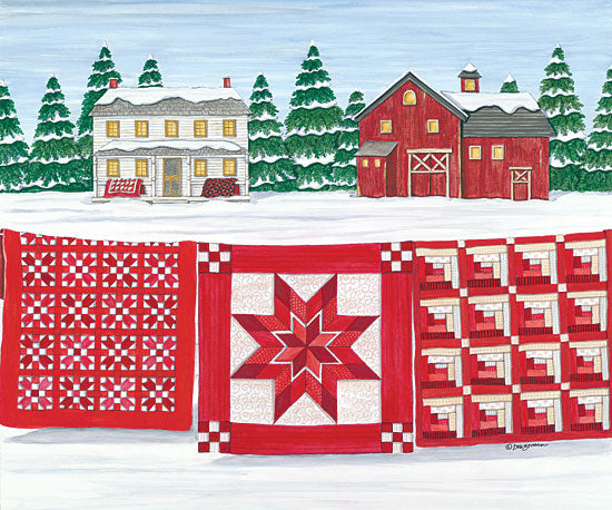 Deb Strain DS1837 - DS1837 - Red & White Quilt Farm - 16x12 House, Barn, Farm, Quilt, Red and White, Winter, Trees from Penny Lane