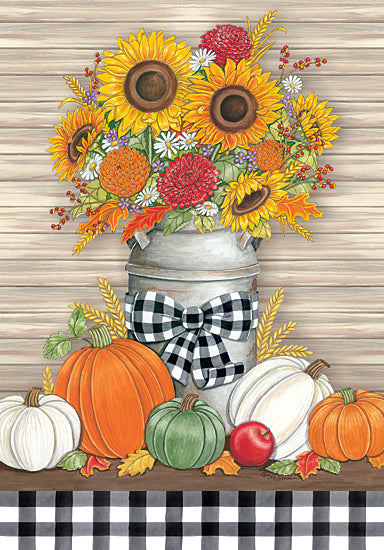 Deb Strain DS1881 - DS1881 - Fall Milk Can - 12x16 Autumn, Milk Can, Sunflowers, Flowers, Pumpkins, Still Life, Black & White Gingham from Penny Lane