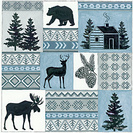 Deb Strain DS1911 - DS1911 - Cabin in the Woods - 12x12 Lodge, Cabin, Bear, Moose, Deer, Pine Trees, Blue & White, Blocks, Patterns from Penny Lane