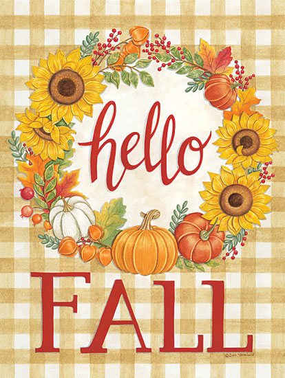 Deb Strain DS1951 - DS1951 - Hello Fall Wreath - 12x16 Hello Fall, Wreath, Pumpkins, Sunflowers, Autumn, Plaid from Penny Lane