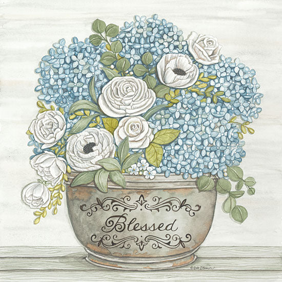 Deb Strain DS1972 - DS1972 - Blessed - 12x12 Blessed, Flowers, Hydrangeas, Blue & White, Greenery, Galvanized Pot, Country, Botanical, Bouquet from Penny Lane
