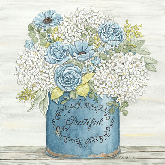 Deb Strain DS1973 - DS1973 - Grateful - 12x12 Grateful, Flowers, Hydrangeas, Blue & White, Greenery, Galvanized Pot, Country, Botanical, Bouquet from Penny Lane