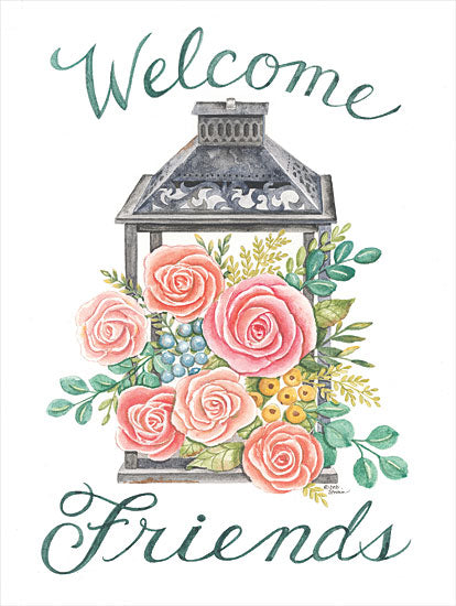 Deb Strain DS1976 - DS1976 - Lantern with Roses - 12x16 Lantern, Roses, Welcome Friends, Greeting, Gingham, Blooms, Botanical, Signs from Penny Lane