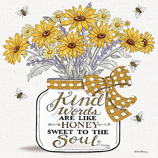 Deb Strain DS2144 - DS2144 - Kind Words are Like Honey - 12x12 Religious, Kind Words are Like Honey, Sweet to the Soul, Bible Verse, Proverbs, Typography, Signs, Flowers, Bouquet, Glass Jar, Daisies, Spring, Bees, Inspirational, Textual Art from Penny Lane