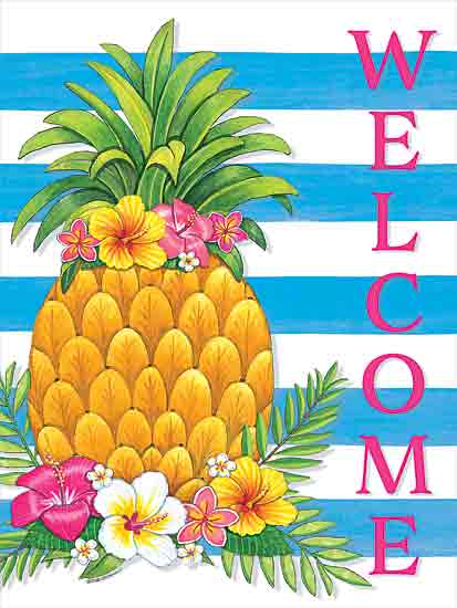 Deb Strain DS2238 - DS2238 - Welcome Floral Pineapple - 12x16 Tropical, Welcome, Pineapple, Flowers, Tropical Flowers, Blue and White Stripes, Summer from Penny Lane