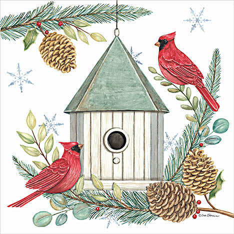 Deb Strain DS2280 - DS2280 - Cardinals and Birdhouse II - 12x12 Winter, Cardinals, Birds, Birdhouse,  Greenery, Eucalyptus, Pine Springs, Pinecones, Holly, Berries, Snowflakes from Penny Lane