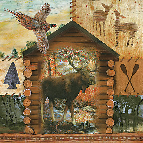 Ed Wargo ED437 - ED437 - Moose Cabin - 12x12 Log Cabin, Moose, Lodge, Masculine, Oars, Arrowheads, Pheasant, Collage from Penny Lane