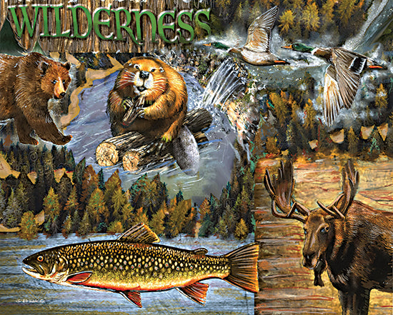 Ed Wargo ED488 - ED488 - Wilderness - 16x12 Lodge, Bear, Moose, Beaver, Ducks, Fish, Trout, Wilderness, Typography, Signs, Textual Art, Trees, River, Waterfall, Landscape, Wildlife from Penny Lane