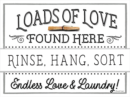 Elizabeth Tyndall ET128 - ET128 - Loads of Love - 16x12 Laundry, Laundry Room, Whimsical, Loads of Love Found Here, Rinse, Hang, Sort, Endless Love & Laundry!, Typography, Signs, Textual Art, Clothespin, Farmhouse/Country from Penny Lane