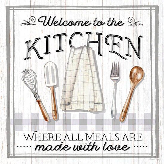 Elizabeth Tyndall ET139 - ET139 - Kitchen Welcome - 12x12 Kitchen, Welcome to the Kitchen, Where all Meals are Made with Love, Typography, Signs, Textual Art, Kitchen Utensils, Towel, Gray and White Plaid, Farmhouse/Country from Penny Lane